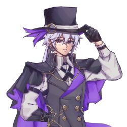 1boy artist_name artist_request black_gloves black_hat black_vest blue_eyes detective_(silver_palace) earrings fedora gloves hat highres jewelry long_hair male_detective_(silver_palace) male_focus open_mouth ponytail purple_hair red_pupils short_hair silver_palace solo vest watermark white_background