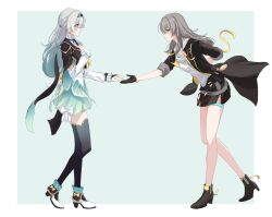 2girls aqua_hair black_boots black_gloves black_jacket black_thighhighs boots crying firefly_(honkai:_star_rail) fold-over_boots gloves gradient_hair grey_hair hand_on_own_chest headband highres honkai:_star_rail honkai_(series) imminent_hand_holding jacket long_hair multicolored_hair multiple_girls open_clothes open_jacket simon_tearla simple_background skirt stelle_(honkai:_star_rail) thighhighs trailblazer_(honkai:_star_rail) white_boots yuri
