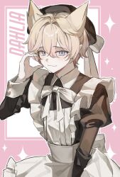1boy alternate_costume animal_ears apron arm_up back_bow black_hat blue_eyes bow cat_boy cat_ears character_name closed_mouth collared_dress cowboy_shot crossdressing dahlia_(genshin_impact) diamond_(shape) double-parted_bangs dress enmaided frilled_apron frills genshin_impact hair_between_eyes hat highres juliet_sleeves kemonomimi_mode kkasack1 long_sleeves looking_to_the_side maid maid_apron male_focus male_maid pink_hair puffy_sleeves sideways_glance sleeve_cuffs smile solo white_apron white_bow