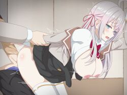 1boy 1girl ahoge alisa_mikhailovna_kujou arm_held_back artist_name bent_over black_skirt black_vest blush bow bowtie breasts breasts_out buttons clothed_sex clothes_lift collared_shirt commentary_request double-breasted eufoniuz grabbing_another&#039;s_arm green_eyes grey_jacket groin hair_ribbon half-closed_eyes hanging_breasts hetero highres holding_another&#039;s_arm indoors jacket lapels large_breasts long_hair motion_lines nipples no_panties notched_lapels open_mouth paid_reward_available red_bow red_bowtie red_ribbon revision ribbon school_uniform seiren_academy_school_uniform sex sex_from_behind shirt skirt skirt_lift standing standing_sex subscribestar_username thighhighs thighs tokidoki_bosotto_roshia-go_de_dereru_tonari_no_alya-san vest watermark web_address white_hair white_shirt white_thighhighs