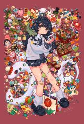 1girl bag bell bento bird black_hair black_shoes black_skirt black_sweater blush bowl candy chili_pepper collared_shirt comb dango dessert eggplant flower food fruit gen_1_pokemon grey_jacket highres jacket jigglypuff jingle_bell kendama kettle leaf lollipop long_hair meat mitarashi_dango mushroom nintendo orange_(fruit) origami original paper_crane pink_flower plant pleated_skirt pokemon shirt shoes shrimp sizucomaru skirt snake socks solo sparkle spinning_top strawberry sweater turtle tyrannosaurus_rex wagashi white_shirt white_socks yo-yo