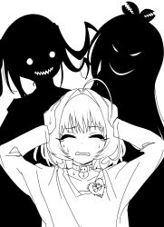 Rule 34 | #unicus (idolmaster), 3girls, ahoge, arms up, closed eyes, collar, collarbone, crying, furrowed brow, hair intakes, hands on own head, heart-shaped lock, highres, idolmaster, idolmaster cinderella girls, kakki (kackie), long sleeves, medium hair, monochrome, multiple girls, open mouth, sharp teeth, shirt, simple background, sketch, sunazuka akira, sweat, tears, teeth, tsujino akari, twintails, upper body, wavy mouth, yumemi riamu