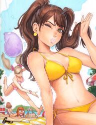 4girls ass atlus from_behind bag beach bikini blonde_hair blowing_kiss breasts brown_eyes brown_hair cleavage cloud cooler earrings eyelashes glasses hair_ornament hair_scrunchie hand_in_own_hair hand_up highres jewelry kujikawa_rise looking_at_viewer medium_breasts multiple_girls navel okumura_haru omar_dogan one_eye_closed open_mouth orange_hair parasol persona persona_4 persona_5 pink_bikini pink_scrunchie puckered_anus puckered_lips sakura_futaba scrunchie sphere_earrings swimsuit takamaki_anne throwing umbrella water water_balloon yellow_bikini