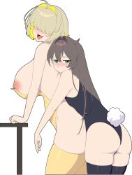 2girls absurdres ass black_hair black_leotard black_thighhighs blonde_hair blush breasts commentary elegg_(nikke) fake_tail goddess_of_victory:_nikke green_eyes hair_over_eyes highres huge_breasts leotard long_hair lying_on_person multiple_girls nipples peach-cup playboy_bunny rabbit_tail short_hair simple_background small_breasts tail thighhighs thighs trony_(nikke) white_background yellow_leotard yellow_thighhighs yuri