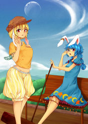 2girls :o ambiguous_red_liquid animal_ears bad_id bad_pixiv_id bench blonde_hair blouse blue_dress blue_hair blush breasts cabbie_hat crescent dress earclip floppy_ears groin hand_on_own_chest hat highres hip_focus kine long_hair looking_at_viewer mallet medium_breasts midriff moon multi-tied_hair multiple_girls navel on_bench open_mouth orange_shirt outdoors purple_eyes rabbit_ears rabbit_tail red_eyes ringo_(touhou) seiran_(touhou) shirt short_hair shorts sitting sky stain star_(symbol) tail toned toned_female touhou waving yanagi_638