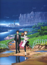 1990s_(style) 1boy 1girl art_work breasts castle cleavage dress el_hazard grass highres jewelry lagoon mizuhara_makoto mountain nakazawa_kazuto nature navel necklace palace retro_artstyle road rune_venus sky