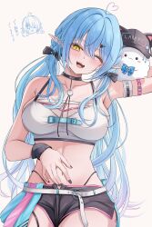 1girl 7nopi absurdres ahoge animal_hat arm_belt armband armpit_crease armpits bare_shoulders black_choker black_nails black_shorts blue_hair blush bow breasts cat_hat choker collarbone commentary_request crop_top elf fang fingernails fishnet_top fishnets hair_between_eyes hair_bow hand_on_own_stomach hat heart heart_ahoge highres hololive large_breasts looking_at_viewer low_twintails midriff nail_polish navel official_alternate_costume official_alternate_hairstyle one_eye_closed open_fly open_mouth panty_straps pointy_ears print_hat short_shorts shorts simple_background sketch_inset smile solo tank_top teeth twintails upper_teeth_only virtual_youtuber white_background white_tank_top wristband yukihana_lamy yukihana_lamy_(cyber) yukimin_(yukihana_lamy)