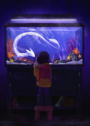 Rule 34 | 1other, against glass, aquarium, brown hair, coral, dark, dim lighting, dragon, eastern dragon, fish, full body, hand on glass, hood, hood down, hoodie, indoors, looking at animal, original, painterly, red background, sand, scenery, seaweed, short hair, starfish, stool, yellow hoodie, zandra