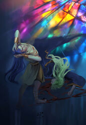 2boys alternate_costume ancient_greek_clothes aries_shion barefoot black_robe blood blood_on_arm blood_on_clothes blood_on_feet blood_on_ground blood_on_hands blue_hair bracelet clenched_teeth closed_eyes corpse death facing_up full_body gemini_saga gold_bracelet greco-roman_clothes green_hair hands_on_own_head highres indoors jewelry long_hair multiple_boys robe saint_seiya stained_glass standing teeth zishiyao