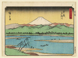6+others ando_hiroshige boat child dead_plants dead_tree fine_art_parody forest gradient_sky highres hill japan landscape mount_fuji mountain mountainous_horizon multiple_others nature nihonga original outdoors parody river rowboat rowing scenery shore sky thirty-six_views_of_mount_fuji_(hiroshige) traditional_media translation_request tree ukiyo-e volcano water watercraft yellow_sky