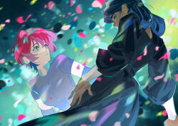 2girls amate_yuzuriha aqua_eyes artist_name black_hair breasts collared_shirt commentary dark-skinned_female dark_skin double_bun dress english_commentary green_eyes gundam gundam_gquuuuuux hair_bun highres jacket lalah_sune long_sleeves multiple_girls nomaumona open_mouth red_hair shirt short_hair twitter_username