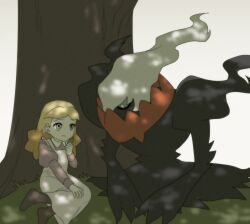 Rule 34 | 1girl, alice (pokemon), closed mouth, darkrai, dress, gen 4 pokemon, grey eyes, hashtag-only commentary, highres, holding, holding leaf, juliet sleeves, leaf, legendary pokemon, long sleeves, looking at viewer, mythical pokemon, nintendo, pokemon, pokemon: the rise of darkrai, pokemon (anime), pokemon (creature), pokemon dppt (anime), puffy sleeves, rabbit bw, sitting, smile, tree, tree shade, under tree, white background
