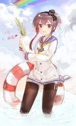 10s 1girl bad_id bad_pixiv_id black_hair black_pantyhose blue_sky brown_eyes cloud daikon day dress hairband highres innertube kantai_collection multicolored_hair open_mouth pantyhose radish rainbow ripples sailor_dress school_uniform seamed_legwear serafuku shirt short_hair short_hair_with_long_locks side-seamed_legwear sky smile swim_ring thighhighs tied_shirt tokitsukaze_(kancolle) water xinghuo