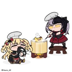 =_= akai_haato akai_haato_(gothic_lolita) black_capelet black_dress black_hair blonde_hair bow capelet chibi chibi_only commentary cooking cooking_pot dress english_commentary frilled_capelet frills gothic_lolita grey_hair haaro haaton_(akai_haato) hair_bow hair_ornament hairclip heart heart_hair_ornament highres hololive hololive_english layered_dress lolita_fashion long_hair multicolored_hair official_alternate_costume official_alternate_hairstyle ponytail red_dress red_skirt shiori_novella shiori_novella_(casual) short_dress skirt split-color_hair stock_pot twitter_username two_side_up virtual_youtuber wide_oval_eyes yellow_eyes yorick_(shiori_novella)