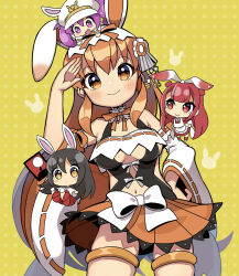 Rule 34 | 4girls, animal ears, apron, beatmania iidx, beatmania iidx 19 lincle, bemani, black hair, bow, breasts, character request, commentary request, fake animal ears, hakama, hat, highres, japanese clothes, kei s01, long hair, looking at viewer, maid, mini person, minigirl, mizushiro celica, multiple girls, official alternate costume, on head, orange hair, purple hair, rabbit ears, red hair, salute, standing, umegiri ameto, umegiri iroha, very long hair, white bow, white hat