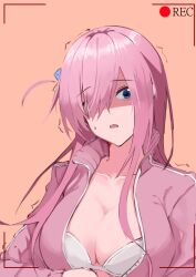 1girl ^^^ absurdres blue_eyes blush bocchi_the_rock! bra breasts chinese_commentary cleavage collarbone commentary_request cube_hair_ornament gotoh_hitori hair_ornament hair_over_one_eye highres jacket jyuunen-kun large_breasts long_hair long_sleeves looking_at_viewer open_clothes open_jacket open_mouth orange_background pink_hair pink_jacket simple_background solo underwear white_bra