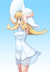 1girl arms_up blonde_hair blue_background braid breasts commentary_request dress els_(ljhlee12) eyelashes floating_hair gradient_background green_eyes hands_on_headwear hat highres korean_commentary lillie_(pokemon) long_hair nintendo open_mouth pokemon pokemon_sm solo sun_hat tongue twin_braids white_dress white_hat