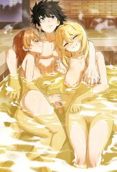 1boy 2girls absurdres anus ass black_eyes black_hair blonde_hair breasts brown_hair censored closed_mouth ffm_threesome grabbing_another&#039;s_breast groping group_sex handjob hetero highres kamijou_touma long_hair medium_hair misaka_mikoto mosaic_censoring multiple_girls navel nipples onsen penis pussy shokuhou_misaki small_breasts smile steam threesome toaru_kagaku_no_railgun toaru_majutsu_no_index waligner water wet