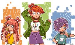 3girls ami_onuki artist_name bare_shoulders black_choker blue_eyes blue_shirt bracelet cartoon_network choker collar crop_top crossover danishi ear_piercing facing_viewer foster&#039;s_home_for_imaginary_friends frankie_foster green_hoodie green_jacket hair_ornament hairclip hand_on_own_hip hi_hi_puffy_amiyumi hood hoodie jacket jewelry long_hair looking_at_viewer midriff miniskirt multiple_crossover multiple_girls navel orange_hair outline piercing purple_hair purple_skirt red_eyes red_hair shirt short_hair signature skirt skull_hair_ornament spiked_bracelet spiked_collar spikes standing swept_bangs tongue tongue_out upper_body white_shirt yumi_yoshimura