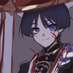1boy black_bodysuit black_hair black_kimono black_sleeves blood blood_on_face blunt_ends bodysuit closed_mouth genshin_impact gold grey_veil hat japanese_clothes jewelry jingasa juban kimono looking_at_viewer male_focus mandarin_collar mitsudomoe_(shape) neck_ring portrait purple_background purple_eyes purple_rope red_hat red_kimono red_pupils rope scaramouche_(genshin_impact) sgm618 shimenawa sketch smile solo split_mouth tomoe_(symbol) twitter_username veil white_kimono white_rope wispy_bangs