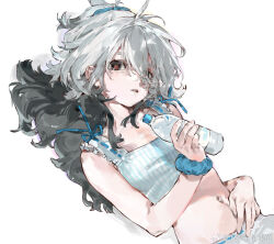 Rule 34 | baifeidaiwang, black eyes, black hair, blue bow, bottle, bow, multicolored hair, open mouth, original, short sleeves, shorts, water bottle, watermark, white hair