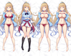 Rule 34 | aqua scrunchie, barefoot, bed sheet, bikini, bikini bottom aside, bikini pull, bikini top lift, blonde hair, blue scrunchie, blue shirt, blush, bow, bow panties, breasts, cleavage, clothes around waist, clothes lift, clothes pull, clothing aside, cum, cum in pussy, dakimakura (medium), from above, front-tie top, full body, gluteal fold, hair ornament, hair scrunchie, highres, holding, holding panties, holding underwear, holding unworn clothes, jacket, jacket around waist, k.t.cube, karuizawa kei, kneehighs, large breasts, looking at viewer, lying, multiple views, navel, no shoes, on back, open clothes, open mouth, panties, ponytail, pussy, red bikini, red jacket, scrunchie, shirt, side-tie bikini bottom, skirt, socks, string bikini, swimsuit, underwear, unworn panties, variations, white panties, white skirt, youkoso jitsuryoku shijou shugi no kyoushitsu e