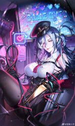 Rule 34 | 1girl, ;), absurdres, arm warmers, bare shoulders, black gloves, black hat, black pantyhose, black shorts, breasts, collared shirt, cowboy shot, game over, gloves, guilongchao, hat, heart, high-waist shorts, highres, holding, holding whip, indoors, kong tiao bo zi, large breasts, long hair, mole, mole under eye, monitor, one eye closed, pantyhose, peaked cap, pixel heart, pixel text, red arm warmers, red eyes, shirt, short shorts, shorts, sitting, sleeveless, sleeveless shirt, smile, solo, sparkle, spoken heart, watermark, weibo watermark, white hair, white shirt, yuying (guilongchao)