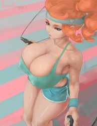 1girl aqua_eyes breasts cleavage closed_mouth collarbone covered_erect_nipples eyelashes green_eyes highres large_breasts long_hair nail_polish nintendo orange_hair pokemon pokemon_swsh ponytail simhugger simple_background solo sonia_(pokemon) sportswear