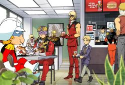 1girl 6+girls blonde_hair blue_eyes burger casval_rem_deikun cat char&#039;s_counterattack char_aznable character_request chibi commentary_request crossed_legs drinking drinking_straw drinking_straw_in_mouth eating edouard_mass food gloves gundam gundam-san helmet looking_to_the_side mask mcdonald&#039;s military military_uniform mobile_suit_gundam mobile_suit_gundam_the_origin multiple_girls multiple_persona nanboku quattro_bajeena shirt sleeveless sleeveless_shirt sunglasses zeta_gundam