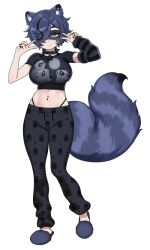 1girl 3am animal_ear_fluff animal_ears artist_request belt belt_collar black_belt black_hair black_nails black_pants black_shirt breasts collar cropped_shirt detached_sleeves double_v ear_piercing earrings jewelry midriff multicolored_hair navel_piercing official_art pants piercing raccoon_ears raccoon_girl raccoon_tail shirt short_hair single_detached_sleeve skull_and_crossbones skull_print slippers smile snuffy_(vtuber) solo streaked_hair striped_sleeves tail v