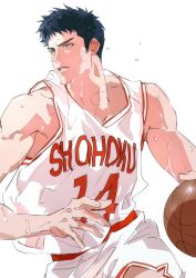 11114tai 1boy arm_up ball bare_shoulders basketball basketball_jersey basketball_shorts black_hair blue_eyes collarbone commentary cowboy_shot facial_hair flying_sweatdrops hashtag-only_commentary highres holding holding_ball looking_to_the_side male_focus mitsui_hisashi multicolored_shirt multicolored_shorts parted_lips playing_sports romaji_text short_hair shorts sideburns sideburns_stubble simple_background slam_dunk_(series) solo stubble sweat teeth v-neck very_sweaty white_background