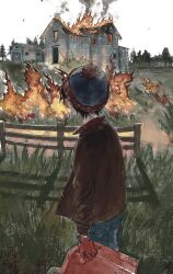 1boy arson beanie black_hair blue_headwear brown_jacket burning burning_building commentary day denim embers english_commentary feet_out_of_frame fence field fire from_behind garage gas_can gloves grass hat holding house jacket jeans looking_ahead mrs.yega_(nai0026er) open_clothes open_jacket outdoors pants pine_tree pom_pom_(clothes) red_gloves red_headwear shadow short_hair sky smoke south_park south_park:_post_covid stan_marsh tree white_sky wind wooden_fence