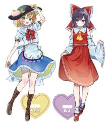 2girls :d apron ascot ayaponzu_(shinra-bansho) ayo_(shinra-bansho) black_hat blonde_hair blue_eyes blue_skirt blush bobby_socks boots bow bowtie brown_boots collared_shirt commentary_request cosplay detached_sleeves frilled_bow frilled_shirt_collar frills full_body hair_bow hakurei_reimu hakurei_reimu_(cosplay) hat hat_ornament heart highres hinanawi_tenshi hinanawi_tenshi_(cosplay) knee_boots lace-up_boots leaf_hat_ornament looking_at_viewer mary_janes midriff_peek multiple_girls open_mouth peach_hat_ornament puffy_short_sleeves puffy_sleeves purple_eyes purple_hair red_bow red_bowtie red_shirt red_shoes red_skirt ribbon-trimmed_sleeves ribbon_trim shinra-bansho shirt shoes short_hair short_sleeves simple_background skirt skirt_hold sleeveless sleeveless_shirt smile socks tamagogayu1998 touhou v v_over_head white_apron white_background white_shirt white_sleeves white_socks yellow_ascot