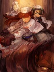 Rule 34 | + +, 1boy, 3girls, akaneko (redakanekocat), black hair, blood, blood on face, brick, brown eyes, capelet, commentary request, eyepatch, floating hair, gloves, green eyes, grey-framed eyewear, hair rings, hat, highres, holding, multiple girls, nurse cap, pink lips, pixiv fantasia, pixiv fantasia t, red hair, robe, scar, scar across eye, scar on face, white capelet, white robe