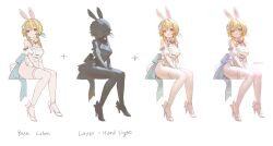 1girl adelie_cat alternate_costume animal_ears arrow_(symbol) bare_shoulders blonde_hair blush breasts cleavage closed_mouth dated english_text fake_animal_ears flower full_body genshin_impact guide hair_between_eyes hair_flower hair_ornament high_heels highleg highleg_leotard highres how_to invisible_chair leotard looking_at_viewer lumine_(genshin_impact) medium_breasts multiple_views progression rabbit_ears shoes short_hair_with_long_locks simple_background sitting sketch solo thighhighs white_background white_flower white_leotard white_shoes white_thighhighs yellow_eyes