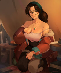 1girl alma_(monster_hunter_wilds) bandana black-framed_eyewear blush breasts brown_eyes brown_hair cleavage commentary english_commentary glasses green_bandana highres jacket jewelry large_breasts long_hair long_sleeves looking_at_viewer monster_hunter_(series) monster_hunter_wilds necklace revision smile solo squeezable_(squeezabledraws)