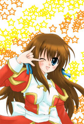 1girl \m/ back_bow blue_bow blue_eyes blush bow breasts brown_hair commentary_request dress hair_bow high_priest_(ragnarok_online) impossible_clothes impossible_dress juliet_sleeves kazu_ayase long_hair long_sleeves looking_at_viewer medium_breasts one_eye_closed open_mouth puffy_sleeves ragnarok_online red_dress sash seikan_hikou smile solo star_(symbol) star_symbol_background two-tone_dress upper_body white_bow white_dress white_sash