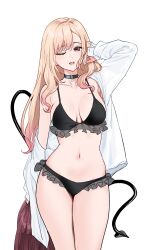 Rule 34 | 1girl, arm up, black bra, black choker, black panties, blonde hair, bra, breasts, choker, cosplay, demon tail, frilled bra, frilled panties, frills, highres, holding wig, kitagawa marin, long hair, medium breasts, navel, nonbire, off shoulder, one eye closed, open clothes, open shirt, panties, red eyes, rizu-kyun, rizu-kyun (cosplay), simple background, solo, sono bisque doll wa koi wo suru, stomach, tail, underwear, unworn wig, white background, wig