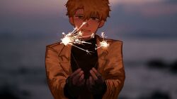 1boy black_eyes black_gloves black_shirt blonde_hair blurry blurry_background coat curtained_hair fingerless_gloves fireworks gloves grin highres holding holding_fireworks kkoma94 lee_hakhyun male_focus omniscient_reader&#039;s_viewpoint orange_coat shirt short_hair smile solo sparkle sparkler sparkling_eyes swept_bangs variant_set