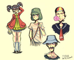 1girl 3boys baseball_cap brown_hair blowing_bubbles candy chewing_gum chilindrina don_ramon dress el_chavo el_chavo_del_8 facial_hair food glasses hat kenron_toqueen kneehighs lollipop multiple_boys mustache one_eye_closed quico shirt short_twintails socks striped_clothes striped_shirt twintails