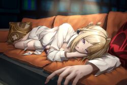 1girl agenoumi blonde_hair blurry blurry_background blush bra breasts collared_shirt commentary couch english_commentary evelyn_chevalier full_body head_on_hand highres indoors jewelry large_breasts lingerie long_sleeves lying mole mole_under_eye on_couch on_side open_clothes open_mouth open_shirt pillow purple_bra purple_eyes shirt short_hair solo underwear uneven_bangs white_shirt zenless_zone_zero