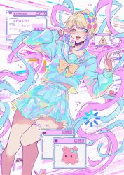 1girl ;d absurdres ame-chan_(needy_girl_overdose) blister_pack blonde_hair blue_bow blue_eyes blue_hair blue_nails blue_serafuku blue_shirt blue_skirt bow buffering chouzetsusaikawa_tenshi-chan commentary_request countdown_illustration criis-chan drugs feet_out_of_frame glitch gradient_hair hair_bow hands_up heart highres holographic_clothing long_hair long_sleeves looking_at_viewer midriff_peek multicolored_hair multicolored_nails multiple_hair_bows nail_polish needy_girl_overdose octopus official_art one_eye_closed open_mouth pill pink_bow pink_hair pink_nails pleated_skirt promotional_art purple_bow purple_hair quad_tails sailor_collar school_uniform second-party_source serafuku shirt sign skirt smile solo v v_over_eye very_long_hair warning_sign window_(computing) yellow_bow