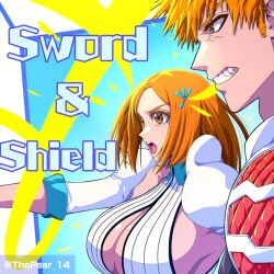 1boy 1girl bleach bleach:_sennen_kessen-hen breasts cleavage cleavage_cutout clothing_cutout detached_sleeves english_text hair_ornament inoue_orihime kurosaki_ichigo large_breasts long_hair orange_hair tag tagme teeth thefear_14 yes
