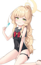 1girl black_one-piece_swimsuit black_sailor_collar blonde_hair blue_archive bow bowtie ciza_gomi fluffy_hair food green_eyes halo highres long_hair one-piece_swimsuit popsicle professor_niyaniya_(blue_archive) red_bow red_bowtie sailor_collar simple_background sitting solo swimsuit white_background yellow_halo