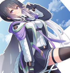 1girl between_breasts black_gloves black_hair black_jacket black_skirt black_thighhighs black_wings blue_sky blush breasts closed_mouth cloud fingerless_gloves frilled_skirt frills gloves gradient_hair hair_between_eyes hand_up highres hood hood_down hooded_jacket jacket long_hair long_sleeves looking_at_viewer medium_breasts multicolored_hair necktie necktie_between_breasts open_clothes open_jacket original purple_eyes purple_hair shirt side_ponytail sidelocks skirt sky smile solo thigh_strap thighhighs tooto_(ryuto333) very_long_hair w white_shirt wings