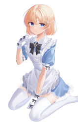 1girl absurdres alice&#039;s_adventures_in_wonderland alice_(alice_in_wonderland) apron arm_up between_legs black_bow black_bowtie blonde_hair blue_dress blue_eyes bow bowtie closed_mouth dress frilled_apron frilled_dress frills full_body gloves hair_ornament hairclip hand_between_legs highres light_frown looking_at_viewer maid no_shoes rabbit_hair_ornament ribbon-trimmed_sleeves ribbon_trim short_hair short_sleeves simple_background sitting solo thighhighs wariza white_apron white_background white_gloves white_thighhighs x_hair_ornament yu_nyan_n zettai_ryouiki