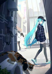 1boy 2girls absurdres alley aqua_eyes aqua_hair aqua_nails backpack bag baseball_cap black_headwear black_thighhighs blue_jacket building calico cat commentary day faceless faceless_male glass_wall hat hatsune_miku highres industrial_pipe jacket kinosuke_(pattaba) long_hair multiple_girls nail_polish plaid_clothes plaid_jacket road shoes sneakers solo_focus street thighhighs twintails urban ventilation_shaft very_long_hair vocaloid walking