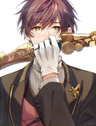 Rule 34 | 1boy, artist name, black jacket, bow (weapon), brown hair, bungou to alchemist, covered mouth, cuff links, floral print, gears, glint, gloves, green eyes, hair between eyes, hand up, holding, holding bow (weapon), holding weapon, itsuki3740775, jacket, lapel pin, lapels, long sleeves, looking at viewer, male focus, matsuoka yuzuru (bungou to alchemist), mole, mole under eye, peaked lapels, pinky ring, red vest, shirt, simple background, solo, straight-on, suit jacket, vest, weapon, white background, white gloves, white shirt
