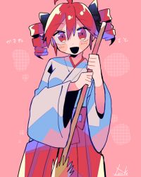1girl ahoge black_mouth blush_stickers bow broom commentary drill_hair fang hair_bow hakama hakama_skirt holding holding_broom japanese_clothes kasane_teto long_sleeves looking_at_viewer miko open_mouth pink_background red_eyes red_hair skirt smile solo translated twin_drills utau yuusuke-kun