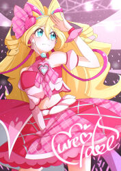 1girl absurdres blonde_hair blue_eyes character_name commentary crop_top cure_idol detached_sleeves from_below hair_between_eyes hair_ornament heart heart_hair_ornament highres idol_heart_brooch jagili_noe kimi_to_idol_precure long_hair looking_ahead magical_girl midriff navel pink_shirt pink_skirt plaid_clothes plaid_skirt precure puffy_sleeves shirt skirt solo wrist_cuffs